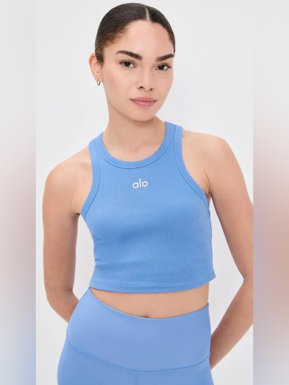 Alo Yoga women’s Aspire Cotton-Blend Jersey Crop Top in Crystal Blue/White